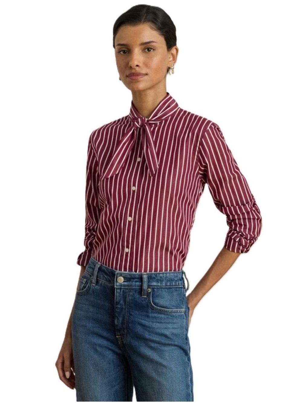 Lauren Ralph Lauren Striped Broadcloth Tie-Neck L/S Maroon/white Shirt Size 2